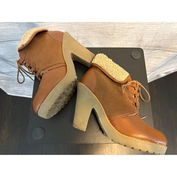 H&M Vintage-Style Brown Lace-Up Boots With Faux Fur Lining & Chunky Heel Size 8 - Picture 5 of 5